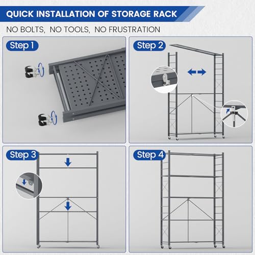 ALANNG 40" W Folding Storage Shelves with Wheels, Adjustable Metal Shelving Unit, Standing Shelf Organizer for Closet Kitchen Garage Laundry Pantry (Grey,1 Pack) - color: Grey