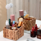 Wicker Remote Control Holder Hand Woven Water Hyacinth Storage Basket with 3 Compartments,Cosmetic Storage Box for Desk,Home Organization