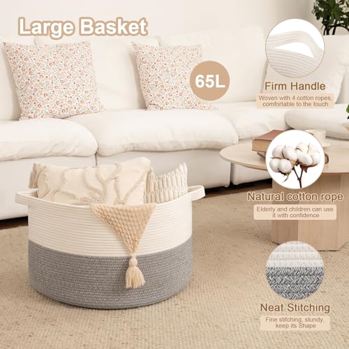 OIAHOMY Large Blanket Basket for Living Room, 19.7" x 12.6" Woven Cotton Rope Laundry Basket for Organizing Pillows, Decorative Stuffed Animal Toy Storage Bin for Nursery, White and Light Grey - color: White and Light Grey, size: 19.7"D x 12.6"H