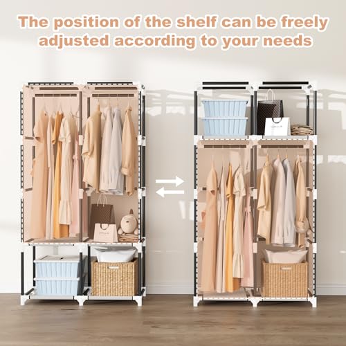 Portable Closet for Hanging Clothes, Portable Wardrobe Closet with Cover, 4 Storage Shelves, 2 Hanging Rods and 8 Side Pockets Easy Assembly and Sturdy Free Standing Closet for Bedroom Brown - color: Brown
