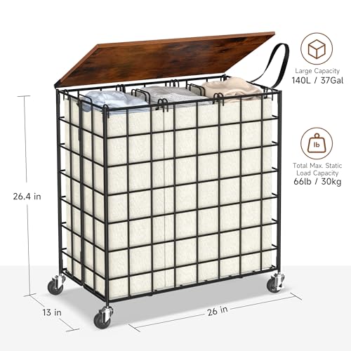 Laundry Basket with Wheels, Heavy Duty Laundry Sorter 3 Sections, 140L (37Gal.) Large Capacity Laundry Hamper with Wood Lid, 360 Rolling Wheels, Extra Side Pocket, Leather Pull Handle (Beige) - color: Beige, size: 140L