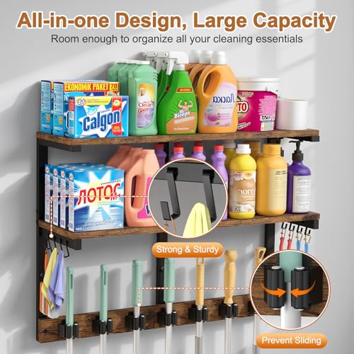 Housolution 2 Tier Broom Holder Wall Mount with Cleaning Supplies Organizer, 100 LBS High Load-Bearing Laundry Room Storage Shelves, Multifunctional Mop Hanger Rack with 7 Grippers & 8 Hooks - size: 2 Tiers