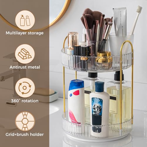 360° Rotating Makeup Organizer, Upgraded 2 Tier Skincare Perfume Organizers for Women, Bathroom Organizer Countertop, Clear Cosmetic Dresser Organizer with Makeup Brush Holder, Sink&Counte (Clear) - color: Clear, size: 2 Tier
