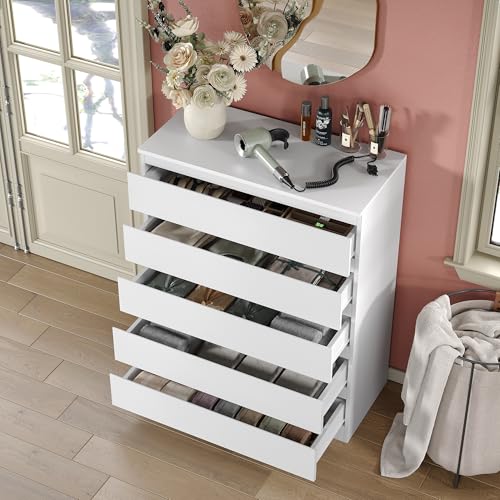 Furniouse Modern 5 Large Storage Drawers Dresser for Clothes Organizer, White Modern Chest of Drawers for Closet, 27.6" Long Drawer Organizer Cabinet for Bedroom, Living Room, Entryway, Hallway - size: 15"D x 27.6"W x 41.4"H (5 Drawers)