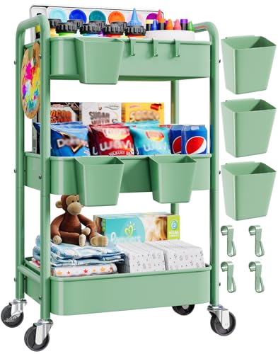 3 Tier Rolling Storage Cart Metal with Wheels, Green Baby Diaper Caddy Carts, Three Tiered Craft Cart Organizer on Wheels, Utility Roller Trolley for Art, Book, Snack, Office, Laundry, Bathroom Shelf - color: Sage Green, size: 3-Tier + Cups + Hooks