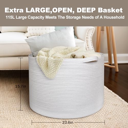 MEGASKET 115L White Cotton Rope Storage Basket, 23.6"x15.7" Extra Large Blanket Storage Living Room, XXXL Soft Toy Bin for Organizing, Woven Baby Laundry Basket with Handle, Wicker Hamper Nursery - color: White, size: 23.6"x23.6"x15.7"