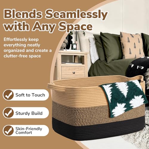 Goodpick Woven Blanket Basket, 21.6" x 14.9" x 11.8" Wicker Laundry Basket for Clothes, Storage Baskets for Organizing, Rectangle Rope Large Baskets for Storage, Black Jute - color: Black Jute, size: Large(21.6"L x 14.9"W x 11.8"H)