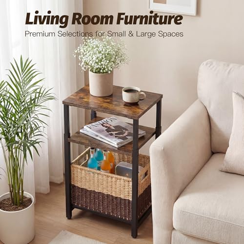Side Table with Storage Basket, Small End Table with Modern Design and Adjustable Height for Living Room, Bedroom Nightstand Bedside Table for Small Spaces (Rustic Brown + Classic Black) - color: Rustic Brown + Classic Black