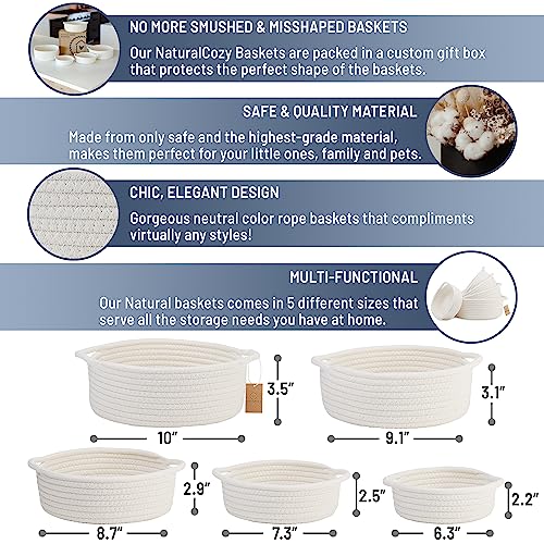 NaturalCozy 5-Piece Round Small Woven Baskets Set– Cotton Rope Baskets for Organizing! Montessori Toys, Fruits Remotes Key Tray Bowl for Entryway Desk, Shallow Catchall Home Décor, Cat Dog Bin Gift - color: Off White