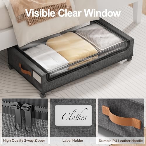 LAMU Under Bed Storage with Wheels, 2 Pack Under Bed Storage Containers with Clear Lid, XXL 60L Underbed Storage Bins, Rolling Under Bed Metal Drawers for Clothes, Blankets, Shoes, Hemp Grey - color: Hemp Gray, size: 2 Pack