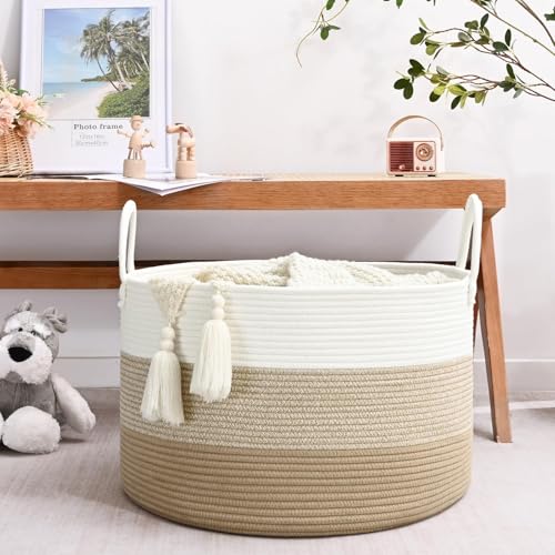 Extra Large Toy Basket, 20"x13" Kids Toy Storage for Playroom Classroom Nursery, Woven Rope Blanket Basket with Handles, Stuffed Animal Organizer & Dog Toys Basket, Gradient Brown - color: Gradient Brown - Wide