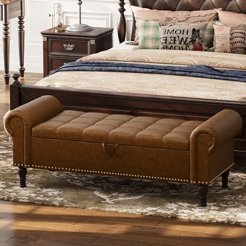 Apicizon 51” Bench with Storage, Upholstered Tufted Button Bedroom Bench with Storage, Faux Leather Ottoman Bench for Bedroom, Living Room, Entryway, Yellow Brown - color: Brown, size: 51 Inches