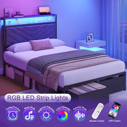 Fluest Twin Bed Frame with Storage Drawers, Upholstered Headboard with Charging Station, LED Lights, Fabric Drawers with Wheels, Under Bed Storage, No Box Spring Needed, Easy Assembly, Grey - size: Twin