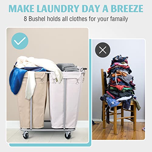 PLKOW Laundry Cart with Wheels 280L Large Laundry Sorter 2 Section for Commercial/Home, Rolling Laundry Cart with Steel Frame and Removable Bag, 8 Bushel, 32.3L x 19.7W x 31.5H Inch - color: Oat+White-280L