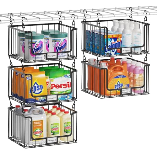5-Tier Hanging Laundry Room Organizer with Label Cards, Foldable Wire Shelf Basket with 4 Rotating Hooks, Stacked Storage Rack for Laundry Rooms, Closet and Pantry, Black Metal - color: Black, size: 5Tier-15"D x 11"W
