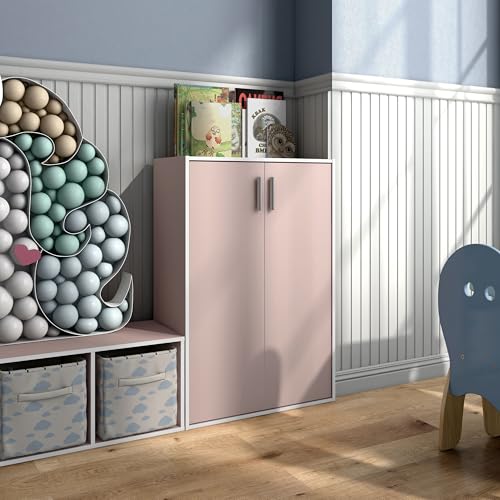 Homes: Inside + Out Apexa 3-Tier Stackable Wood Bookcase with Doors, Cube Storage Organizer Shelves, Small Food Pantry Cabinet, Dorm Teen Room Decor & Bedroom, Home Office, Kitchen, Light Pink - color: Light Pink, size: 3-Tier