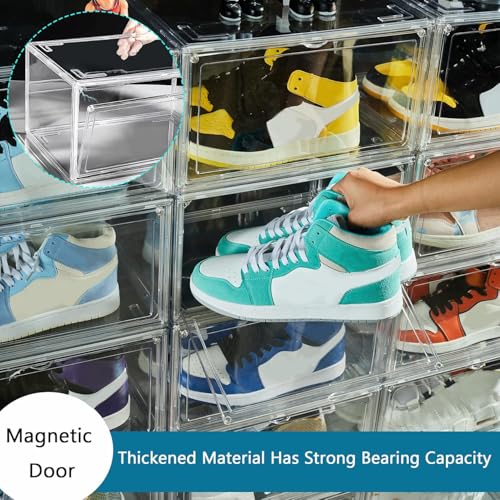 12 Pack Shoe Boxes, Clear Acrylic Stackable Plastic Sneaker Box Container, Magnetic Drop & Side Open Shoe Organizer Case Container With Lids Fits Up to Size 14 (Crystal Clear) - color: Crystal Clear