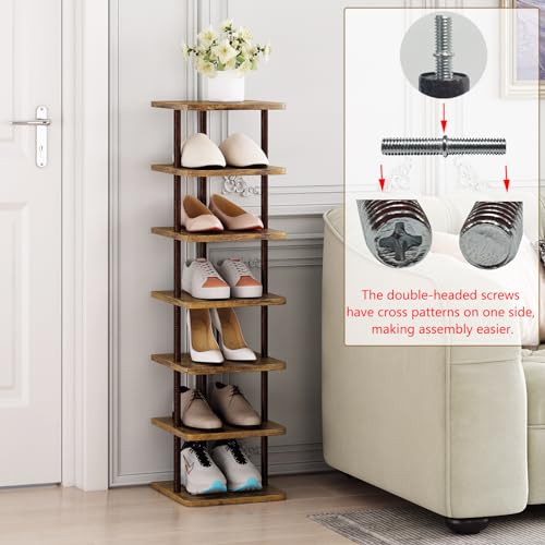 SORCEDAS 7 Tiers Vertical Shoe Rack Wooden Shoe Storage Organizer for Space Saving Narrow Shoe Shelf Storage 7 Pairs for Entryway Living Room Bedroom(Bronze + Rustic Dark Brown) - color: Bronze, size: 7 Tier-Standard