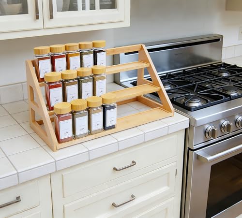 3 Tier Bamboo Spice Rack Organizer for Cabinet - Seasoning Rack Fits 24 Spice Jars, 17.5” Wide Countertop & Cabinet Organizer for Kitchen Organization