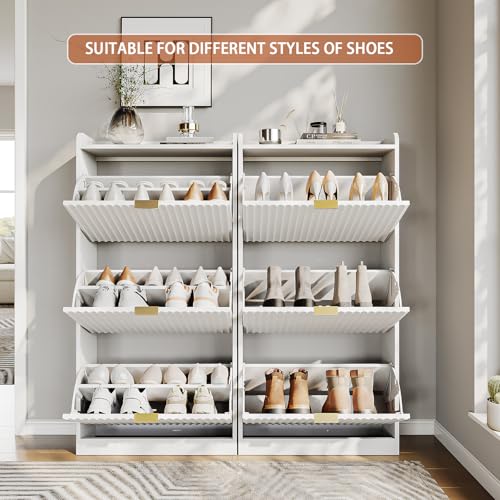 White Fluted Shoe Cabinet with 3 Flip Drawers, Narrow Shoe Storage Cabinet for Entryway, Freestanding Shoes Rack Organizer Cabinets with Adjustable Shelves for Entryway, Hallway - color: White, size: 3-Drawers