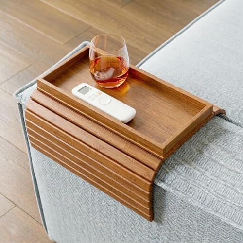 DETOR Couch Arm Tray with Spacious 12.4" x 5.4" Storage Box, Acacia Stained Bamboo Finish, Enhanced Non-Slip Felt Bottom, Sturdy Bamboo Slats, Fits Armrests 6" and Wider - color: Acacia Stained