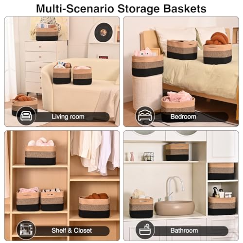 ICERZCZ Storage Baskets for Shelves Organizing, Woven Cotton Rope Baskets for Storage, Book Basket, Towel Basket, 12.5"Lx9.1''Wx7.9''H (4 Packs) Gradient Black & Jute - color: Gradient Black & Jute, size: 12.5"(l)×9.1"(w)×7.9"(h)