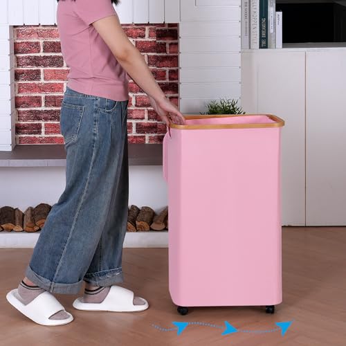 iEGrow 75L Laundry Basket with Wheels,Clothes Hamper for Laundry,Laundry Hamper with Lid and Inner Bag, for Laundry Room, Bedroom, Dormitory Storage,Pink - color: Pink, size: 75L