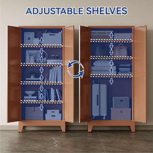 COFaR 71'' Tall Metal Storage Cabinet, Farmhouse Kitchen Pantry Cabinet with Doors and 4 Adjustable Shelves, Brown Metal Cabinets for Garage, Kitchen, Bathroom, Laundry, 5-Tier - color: Brown, size: 71 Tall 2 Doors-Tree Door