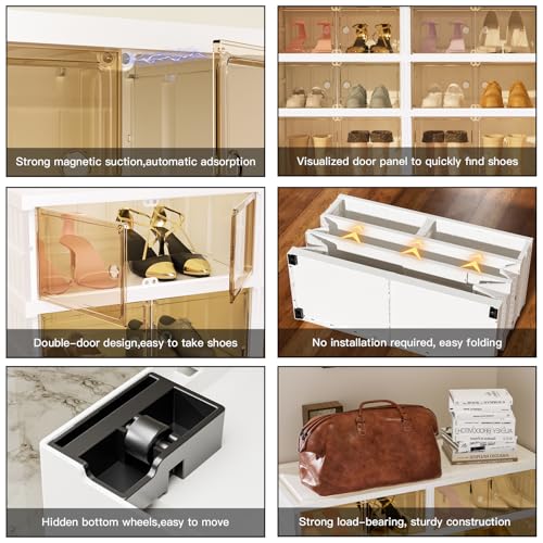 3-Tier Portable Shoe Rack Organizer for Closet, 12 Pairs Shoe Container Bins, Clear Plastic Collapsible Shoes Storage Box, Stackable Sneaker Storage Shoe Cabinet with Door - size: 3 Tiers - 12 Pairs