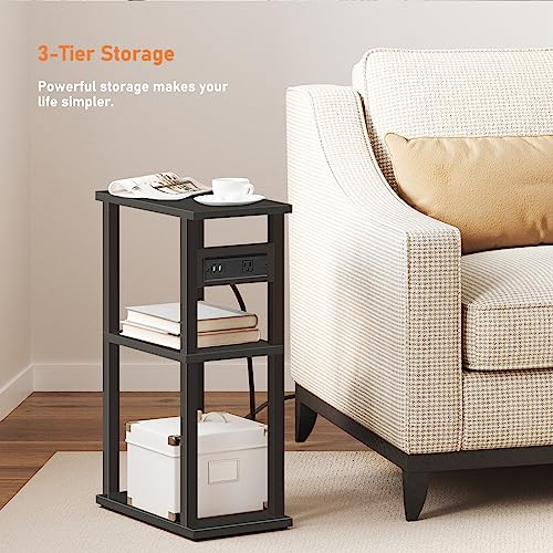 TUTOTAK Small Narrow Side Table with Charging Station, Skinny End Table for Small Spaces, Slim Nightstand with USB Ports and Outlet, Sofa Beside Table with Wheels, Black TB01BK046 - color: Black, size: 1 PC, style: With Plug