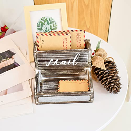 OKSQW Farmhouse Mail Organizer Countertop Letter Sorter Caddy 2 Tier Rustic Mail Tray Wooden Mail Holder File Organizer Bill Paper Folder Office Desk Accessories Rustic Office Supplies Home Decor - color: Dark Brown Mail Storage Small