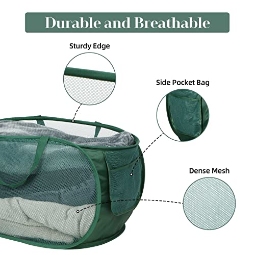 Sturdy Mesh Pop Up Laundry Hamper, Collapsible Laundry Baskets with Side Pocket, Foldable Clothes Hamper with Reinforced Carry Handles for Laundry, Bathroom, Kids Room, Dorm or Travel 2 Pack Emerald - color: 2 x Emerald