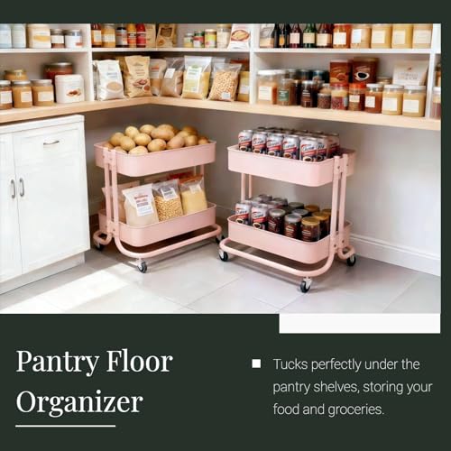 2 Tier Rolling Cart with Wheels for Under Desk Storage, Pink Small Rolling Pantry Storage Cart for Small Space, Metal Short Utility Shelf for Vanity Kitchen Bathrrom Laundry Organization - color: Pink-1