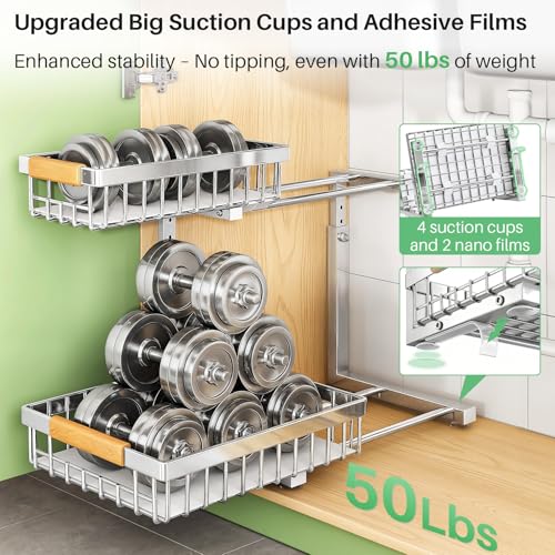 Kitstorack Under Sink Organizer, 2 Tier Under the Sink Storage, Slide out Pull out Cabinet Organizer Shelf, Metal Sliding Drawer for Kitchen Bathroom Pantry Closet Organization Rack, Silver, 1 Pack - color: Silver, size: 1 Pack