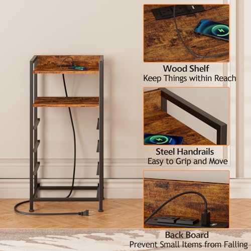 Furnulem Night Stand with Charging Station and Led Light, 4 Drawer Dresser for Bedroom, Small Nightstand Bedside Table, Fabric Bins, Metal Frame, Wood Shelf, Side Furniture(Rustic Brown) - color: Rustic Brown, style: 4 Drawer