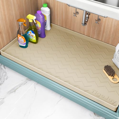 TigeJoy 31" x 19" Under Sink Mats for Kitchen Waterproof, Leak-Proof Silicone Mat Sink Protector and Cabinet Liner, Kitchen Essentials Organizer and Storage, Boot or Shoe Tray, Pet Feeding Mat - color: Beige, size: 19"W x 31"L