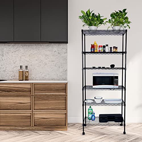 YSSOA Heavy Duty 6-Shelf Shelving with Wheels, with Hanging Hooks, Wire Shelving, Adjustable Storage Units, 29'' D x 14'' W x 70'' H, 6 Tier, Black - size: 6-Tier, 70 inch Taller