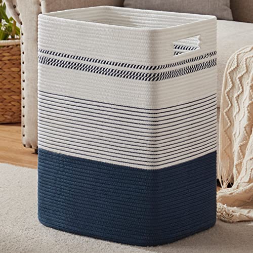 80L Large Cotton Rope Laundry Basket for Bedroom & Laundry Room, Tall Clothes Hamper with Sturdy Handles, Neutral Storage Bin Capable of Holding Blankets and Toys - color: Dark Blue& White, size: 80L