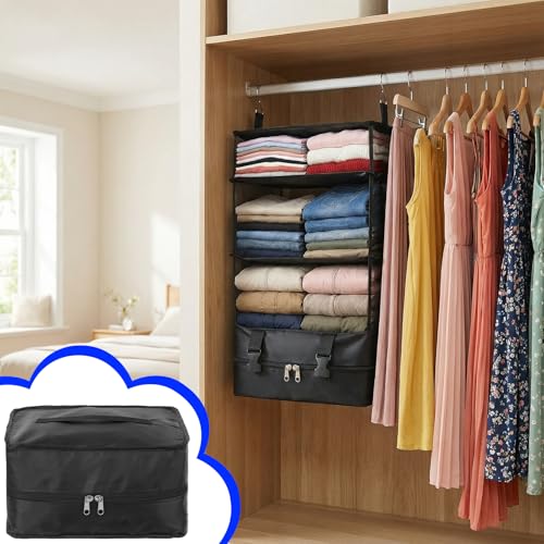 4 Shelve Portable Hanging Travel Shelves, Suitcase Organizer, Carry on Closet Luggage Organizers, Travel Bags Organizer for Luggage Compression Foldable and Hangable for Carry on Suitcase