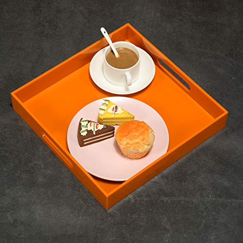 KEVLANG Orange Sturdy Acrylic Serving Tray with Handles-12x12Inch-Serving Coffee,Food,Breakfast,Butler-Kitchen Countertop Tray-Makeup Drawer Organizer-Vanity Table,Ottoman Tray-Decorative Tray - color: Glossy Orange, size: 12" x 12" x 2"
