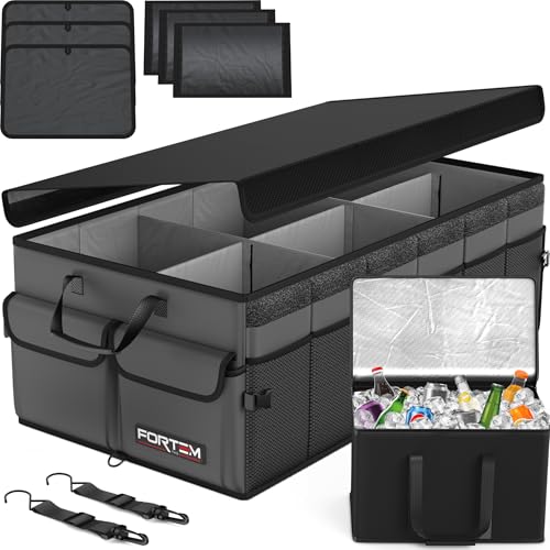 FORTEM Trunk Organizer with Cooler For SUV Car Trunk, Foldable Storage, Car Accessories for Women Men, Collapsible Bag, Perfect Christmas Gifts, 600D Oxford, Non Slip Bottom, Straps, Soft Cover (105L) - color: Grey, size: XXL (105L)
