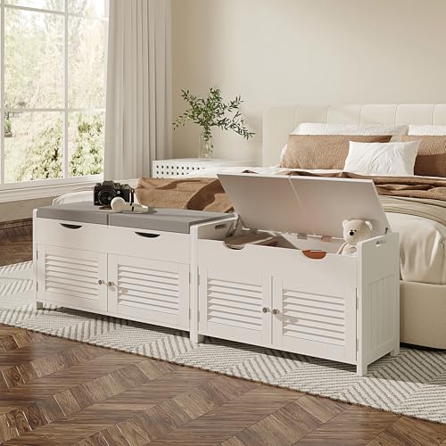 ChooChoo Shoe Storage Bench with Lift Top Storage, Entryway Bench with 2 Cushioned Seats, 3 Compartments, Adjustable Shelf, Shoe Cabinet for Entryway, Bedroom, Living Room, White - color: White, size: 13.78"D x 29.53"W x 19.69"H