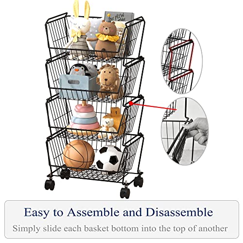 PUSDON 4-Tier Large Stackable Wire Storage Baskets with Wheels, Metal Rolling Utility Cart Organizer, Produce Basket for Kitchen Pantry, Floor Shelf, Matte Black - color: Matte Black, size: 4 Tier Plus