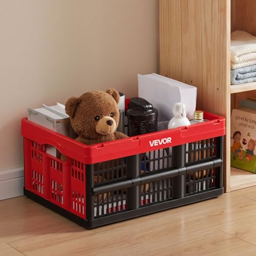 VEVOR Plastic Collapsible Storage Bins, 32L 3 Packs, Stackable Folding Storage Crates with Handles, Holds 26 lbs Per Bin, Foldable Heavy Duty Containers, Space-Saving Baskets, for Home Organizing - size: 32L-Red-3PC