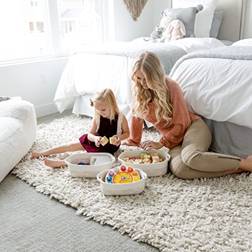 NaturalCozy 5-Piece Rectangle Storage Basket Set- Natural Cotton Rope Woven Baskets for Organizing! Small Basket for Montessori, Baby Nursery, Dog Toy Baskets, Cat Toy Box, Bathroom Organization Bin - color: Off White & Rainbow Stitching