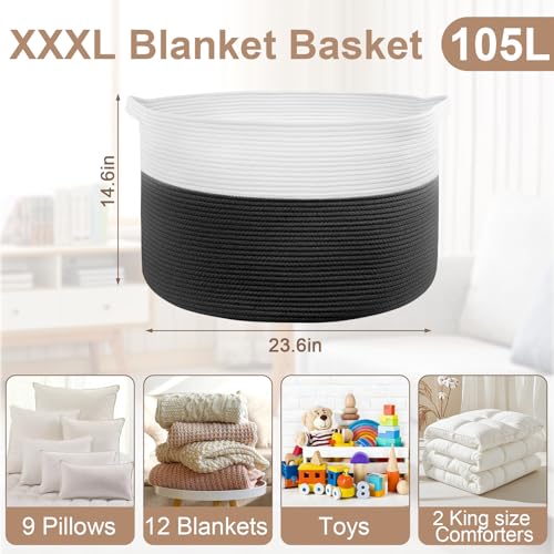 XXXL Large Laundry Basket, 105L Soft Cotton Rope Basket, Blanket Storage and Organizers, Baby Nursery Laundry Hamper, Extra Large Toys Storage Bins for Kids 23.6'' x 14.6'', White & Black - color: Black & White, size: 105L