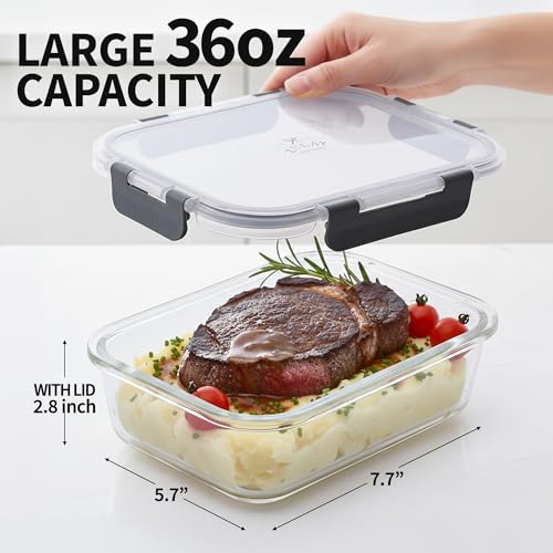 Zulay Kitchen 5 Piece Large 36oz Glass Tupperware Container Set with Lids - Premium BPA Free Borosilicate Glass Food Storage Containers - Leak-Proof Meal Prep - Microwave, Freezer & Oven Safe - Gray