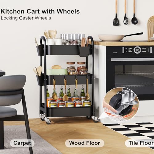 3 Tier Rolling Cart Metal with Wheels, Heavy Duty Three Tiered Rolling Storage Cart on Wheels, Black Utility Roller Carts Organizer for Baby, Art, Craft, Snack,Book, Nail, Diaper Caddy, Cleaning, Dorm - color: Mystic Black, size: 3 Tier+Cups+Hooks