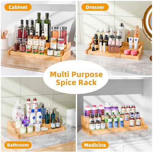 Simple Trending Spice Rack Kitchen Cabinet Organizer, 3 Tier Bamboo Expandable Spice Storage, Display Shelf for Cupboard, Pantry, Yellow