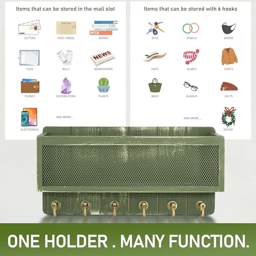 Rebee Vision Pine Wood Mail and Key Holder for Wall Decorative – Key Holder Wall Mount with Hooks and Mail Basket for Home Essentials – Wooden Farmhouse Storage Rack for Apartment (Green) - color: Green